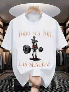 Camiseta Gráfica de Halterofilia con Diseño de Esqueleto Atrevido - Estilo Deportivo Atrevido para Entusiastas del Fitness - Perfecta para Entrenamientos y Uso Casual - Ropa Urbana de Moda p - Blanco - Ver 1