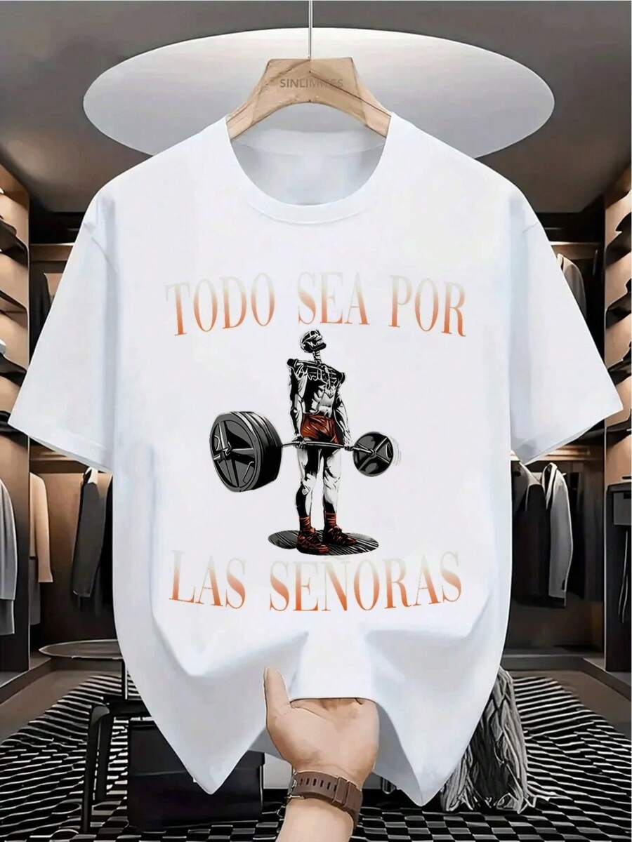 Camiseta Gráfica de Halterofilia con Diseño de Esqueleto Atrevido - Estilo Deportivo Atrevido para Entusiastas del Fitness - Perfecta para Entrenamientos y Uso Casual - Ropa Urbana de Moda p - Blanco - Ver 1
