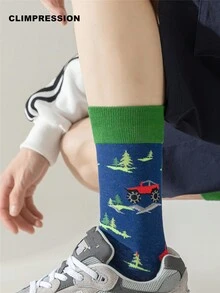 CLIMPRESSION Cotton Unisex Creative Truck Pattern Mid-Calf Socks, Blue Forest Pine Tree Print, Casual & Dress Socks - Blue - View 6