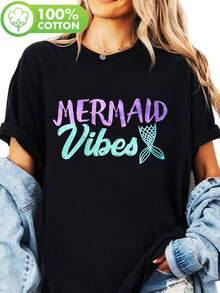 Purple Mermaid Tail Print T-Shirt, Short Sleeve Crew Neck T-Shirt, Casual Top, Suitable For Summer And Spring, Women's Clothing, Breathable Cotton T-Shirt, Co - 黑色 - 查看 1