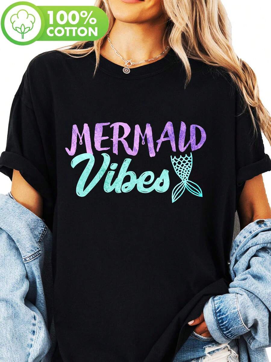 Purple Mermaid Tail Print T-Shirt, Short Sleeve Crew Neck T-Shirt, Casual Top, Suitable For Summer And Spring, Women's Clothing, Breathable Cotton T-Shirt, Co - 黑色 - 查看 1