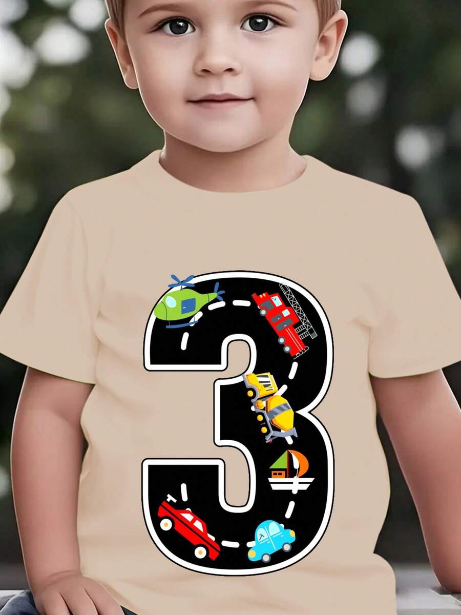 Fashionable Short-Sleeved T-Shirt For Children In Summer With Cartoon Prints Of The Number 3, Cars, Helicopters, Boats, Etc. Casual Outdoor Top NY-DX9726 - 卡其色 - 查看 1