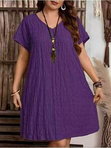Große Größen V-Ausschnitt einfarbiges modisches vintage luftiges Kurzarm Kleid (Brustumfang) elegant für den Sommer - Violett - Übersicht 1