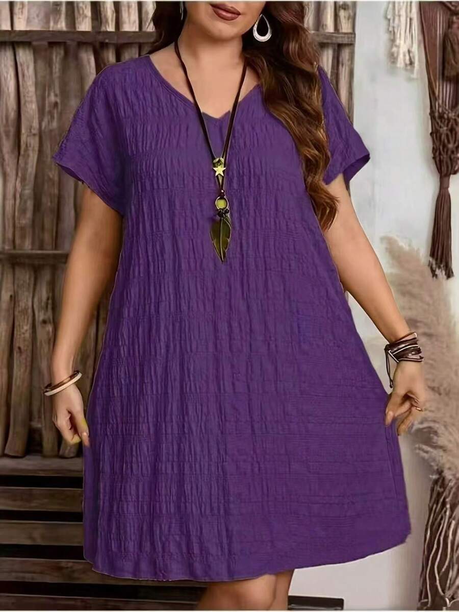 Große Größen V-Ausschnitt einfarbiges modisches vintage luftiges Kurzarm Kleid (Brustumfang) elegant für den Sommer - Violett - Übersicht 1