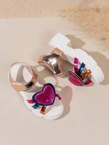 1 Pair Girls' Open Toe Roman Sandals, Front Decorated With Contrast Color Patchwork Double Layer Heart, Suitable For Outdoor Activities, Beach And Seaside Play - Red Violet - View 3