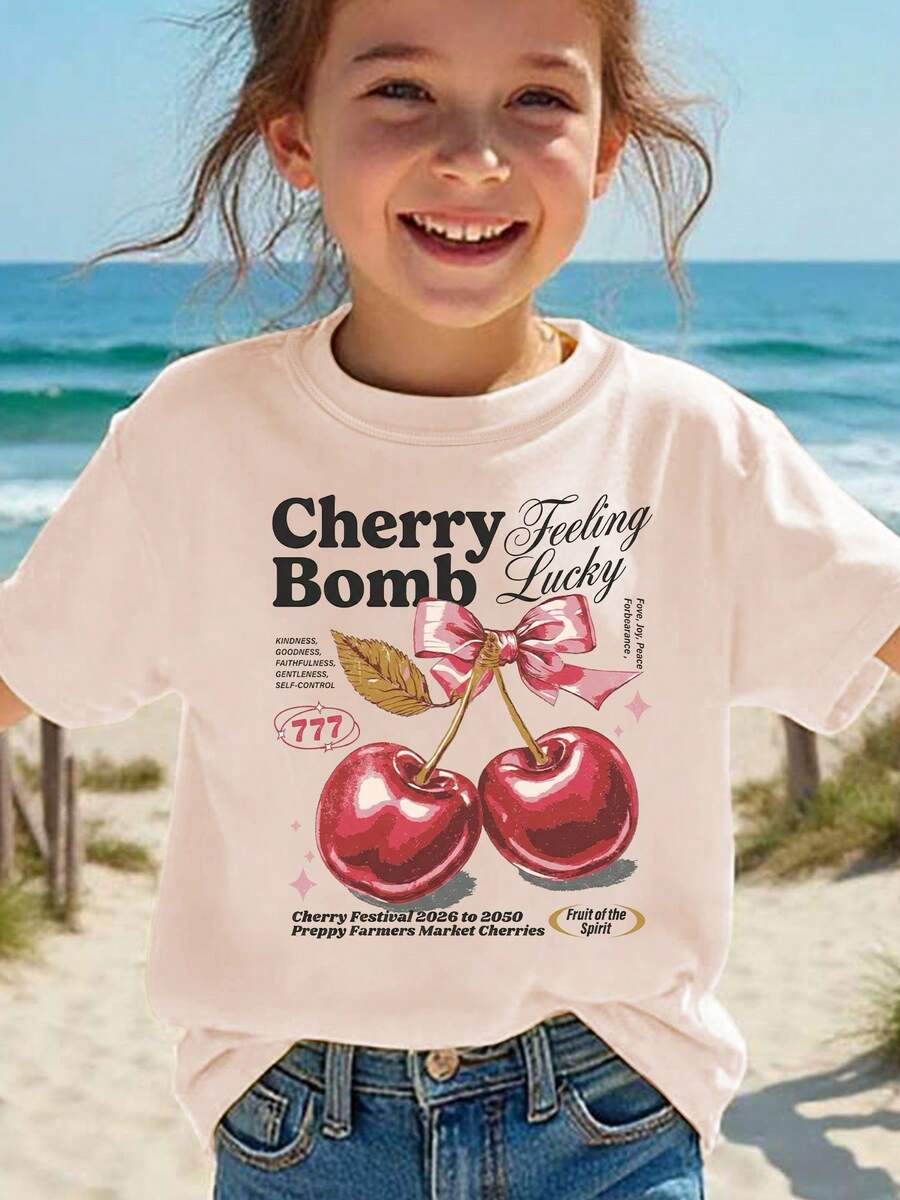 Girls' Short-Sleeved T-Shirt, Summer Style, With "Cherry Bomb" Print, Bow And Cartoon Cherry Design, Casual And Versatile Top NY-DX9386 - 卡其色 - 查看 1