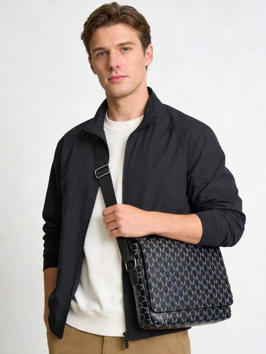 HOVI'S Men's PU Crossbody Bag Grey "M" Letter Pattern | Lightweight One Shoulder Crossbody Bag | Minimalist Daily Commute Messenger Bag - Black - View 1