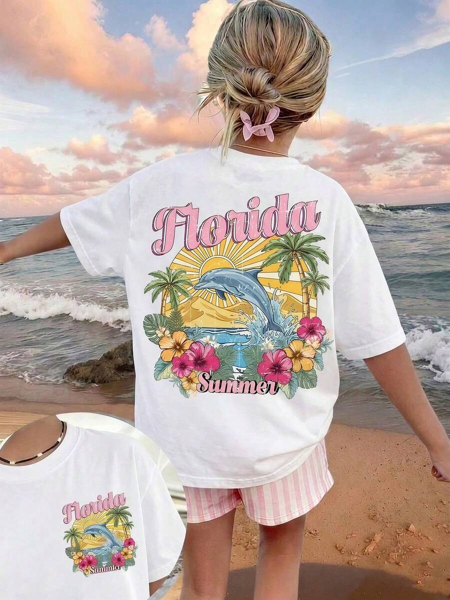 Camiseta Casual Minimalista de Manga Corta y Cuello Redondo para Niñas, Ideal para el Verano - Blanco - Ver 1