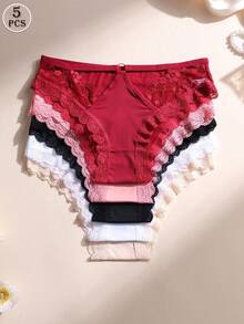 Paquete de 5 bragas de mujer con encaje de talle bajo sin costuras, calzones de seda con diseño calado - Multicolor 2 - Ver 1