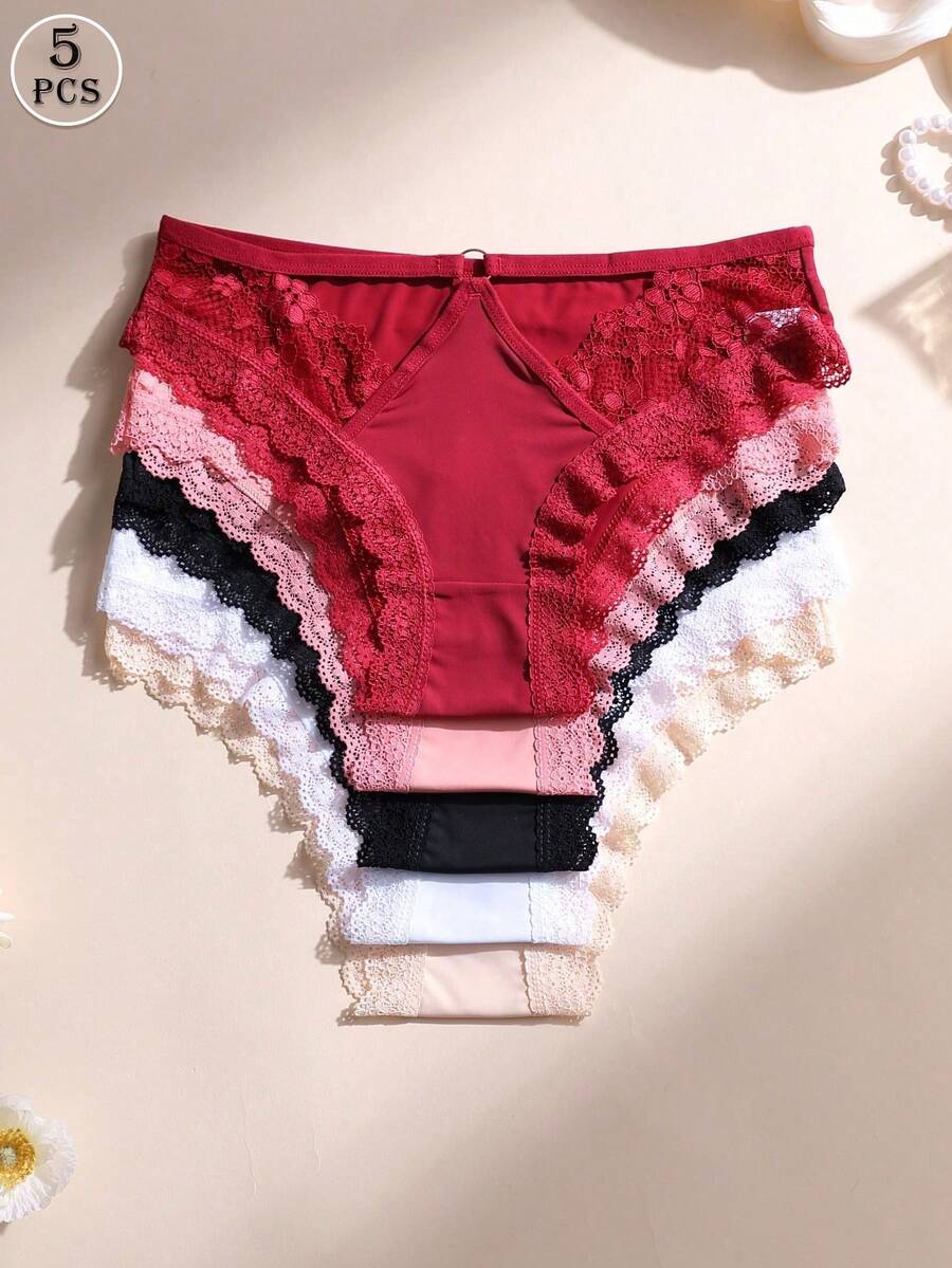 Paquete de 5 bragas de mujer con encaje de talle bajo sin costuras, calzones de seda con diseño calado - Multicolor 2 - Ver 1