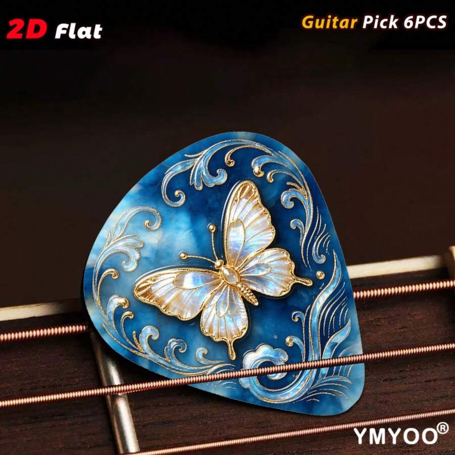 6 piezas de púas de guitarra planas 2D con fondo azul, patrón de mariposa y pergamino en lámina dorada, púas triangulares de ABS con estampado floral artístico, universales para guitarra folk y eléctrica, adecuadas para principiantes, músicos profesionales, actuaciones en escenario y accesorio de instrumento musical - Multicolor - Ver 1