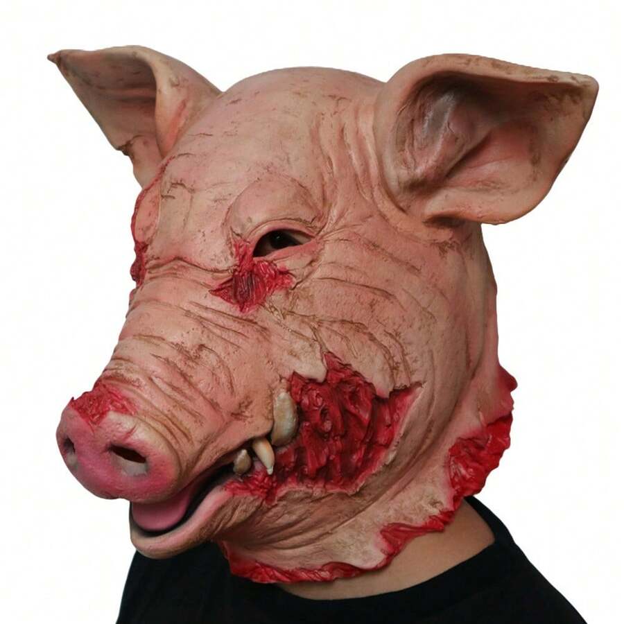 1pc Halloween Latex Mask, Scary Pig Head Mask, Funny Donkey Head, Turkey Head, Mouse Head Mask, Prank Prop, Pig Head Mask, Bloody Pig Head, Party Costume Prop - Multicolor - View 1
