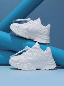 1 Pair White Student Running Sports Shoes, Breathable Mesh - White - View 5