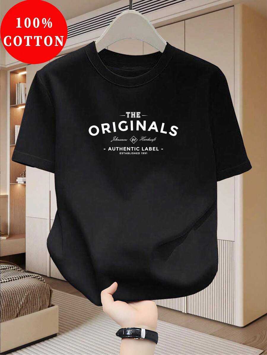Men's 100% Cotton T-Shirt, Cotton Material - Breathable And Sweat-Absorbent, Casual Round Neck, With Letter Print, Men's Summer Urban Clothing Top. - 黑色 - 查看 1