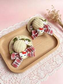 2PCS Mini Floral Wreath Straw Hat Sanrio Hair Clips, Suitable For Vacation Outfit, Clothing Matching, Doll Decoration, Figurine Matching Decoration Hair Accessories - Multicolor - View 7