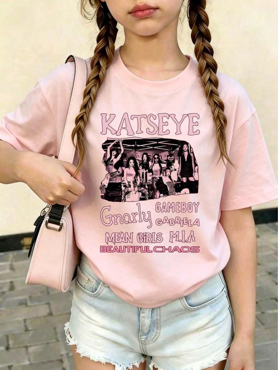 Katseye Girl Group Print T-Shirt, KATSEYE Girl Group Print Clothing, Suitable For Children Aged 7-16, New Year's Gift T-Shirts. This T-Shirt - 粉色 - 查看 1