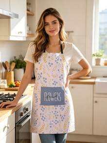 1件口袋圍裙，花卉與字母圖案，廚房居家使用，防水防油，女性烹飪工作服，耐污耐磨，腰圍裙，餐飲適用 - 彩色 - 查看 2