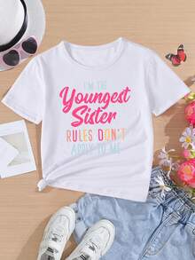 Camiseta de manga corta para niñas con estampado de letras "Soy la hermana más pequeña", moderna, versátil y cómoda para primavera-verano. - Blanco - Ver 2