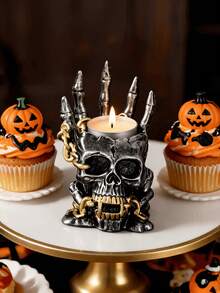 1pc Gothic Skeleton Candle Holder, Bone Hand Flame Illusion, Chain And Horn Details, Spooky Home Decor, Halloween Party Tabletop Centerpiece, Punk Rock Style Ornament - A - View 8