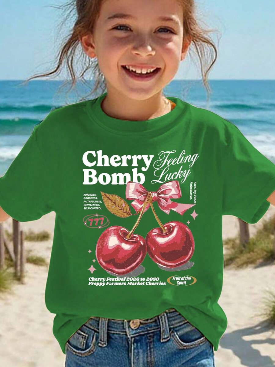 Girls' Short-Sleeved T-Shirt, Summer Style, With "Cherry Bomb" Print, Bow And Cartoon Cherry Design, Casual And Versatile Top NY-DX9386 - 墨綠色 - 查看 1