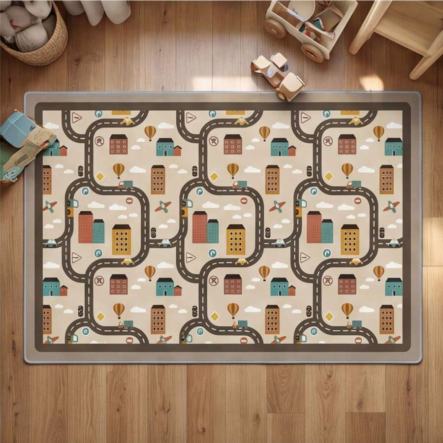 1pc, Cartoon City Road Map Print Faux Cashmere Carpet, Soft Non-Slip Children's Play Mat, Washable Educational Carpet, Suitable For Children's Room, Living Room, Bedroom Decor, Daily All-Season Style, Carpet, Rug, Carpet Living Room, Kitchen Mat, Carpet For Bedroom, Bathroom Mat, Rug Bedroom, Room Decor, Rugs For Living Room, Kitchen Rug, Hallway Runner, Washable Rug, Boho Rug