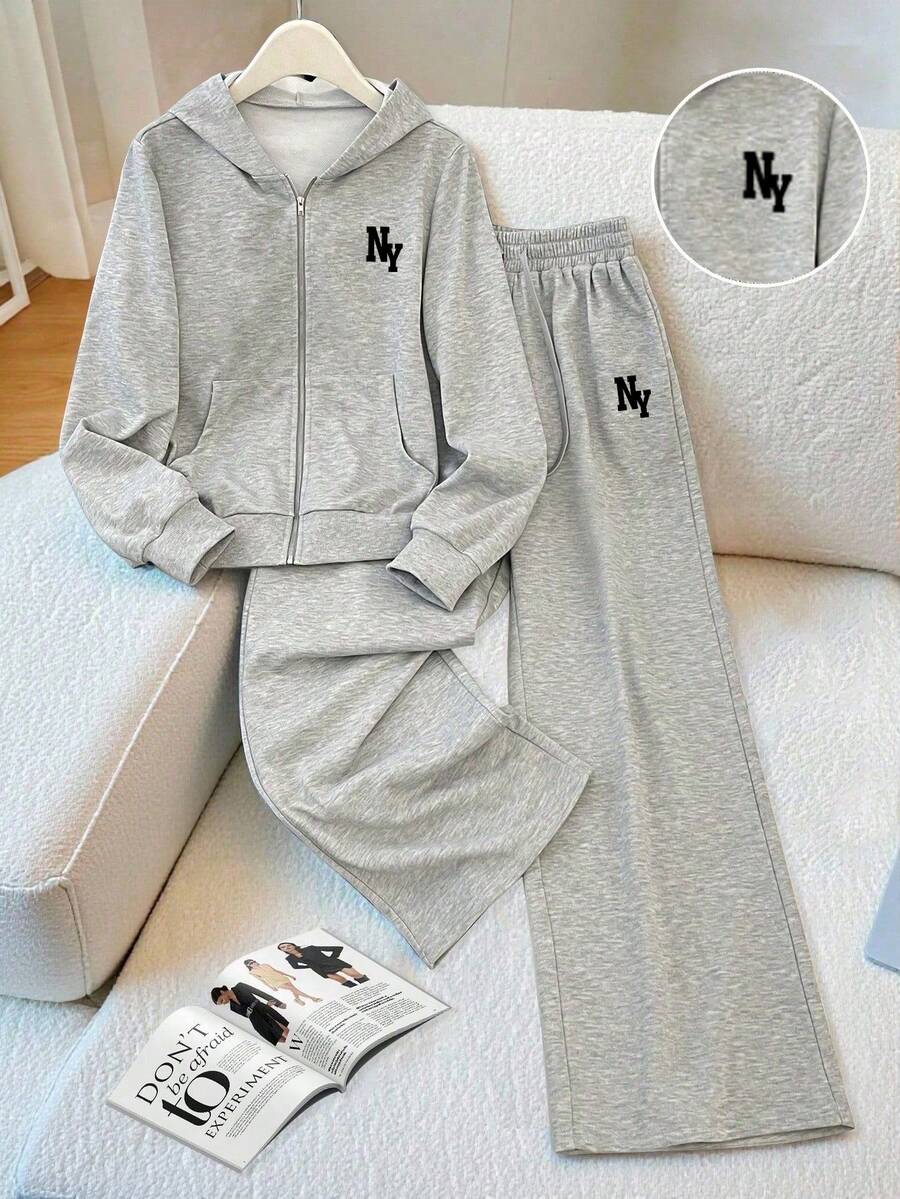 Youth Girl Letter Pattern Embroidered Zip-Up Hoodie And Pants - Grey - View 1