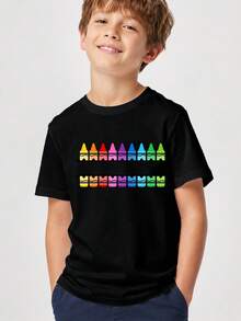Kids' T-Shirt With Rainbow Crayon Print - Fun And Creative Style For School Or Art Activities - Black - View 1