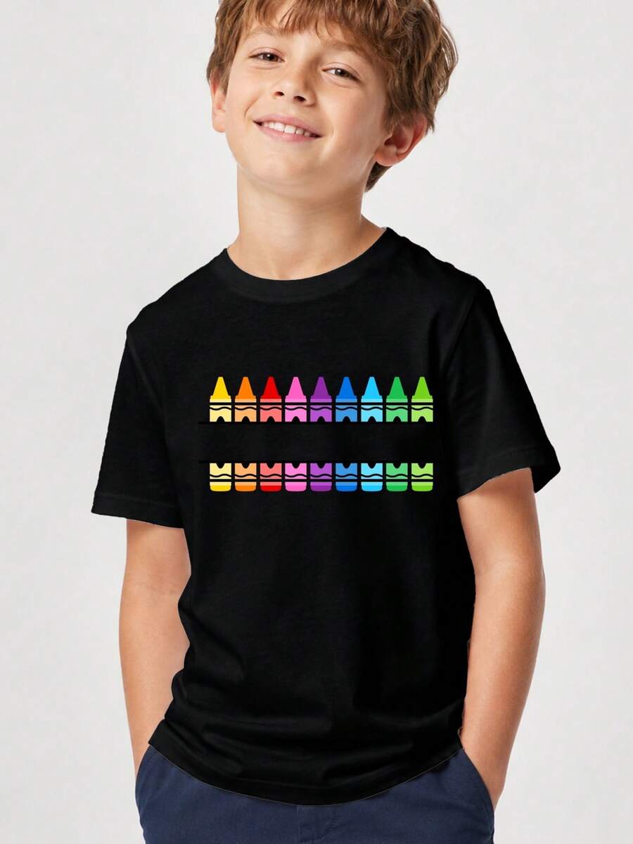 Kids' T-Shirt With Rainbow Crayon Print - Fun And Creative Style For School Or Art Activities - Black - View 1