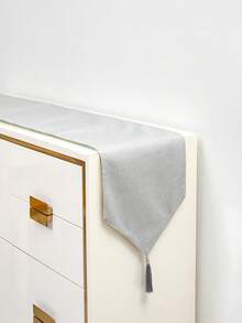 Camino de mesa minimalista de color gris puro con textura y ribete de borlas, tela decorativa de estilo moderno neutro para mesa de comedor, adecuada para todas las estaciones, aplicable a mesa de comedor, mesa de café, consola de entrada, tocador y entrada - Ceniza - Ver 11