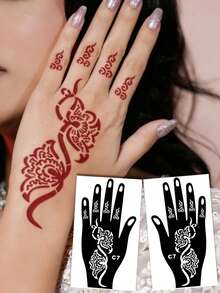 Hana Hand-Drawn Hollow Hands Tattoo Stencil + 1 Bottle Red Henna Tattoo Ink Combo Set, Henna Tattoo, Suitable For Hands, DIY Painting, Ink, Reusable Mehndi Design Template Ink - Red - View 3