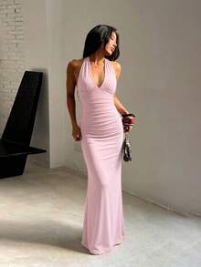 1pc Solid Color Elegant Casual Sexy Party Knit Fabric Back Tie Dress For Vacation Beach Back To School Party Bachelorette Party Spring Summer Pink - Pink - View 6