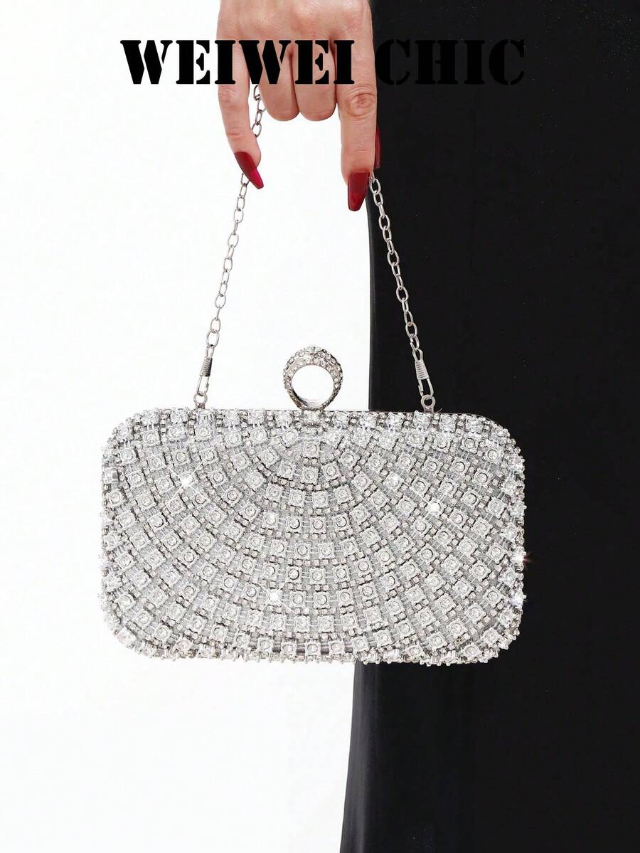 Bolso de noche elegante con pedrería, diseño de hebilla en forma de anillo, correa de cadena plateada desmontable, bolso de fiesta formal brillante, esencial para bodas y bailes de primavera/verano, perfecto para banquetes, fiestas de boda, cenas de cumpleaños y eventos nocturnos - Plateado - Ver 1