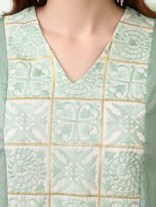 2026夏季新款綠色優雅刺繡阿拉伯女裝,JALABIYA拼接V領短袖洋裝,休閒旅行穿搭 - 薄荷綠 - 查看 8