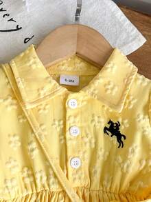 Baby Girl Sweet Spring/Autumn Princess Style 2-Piece Set: 3D Jacquard Lapel Long Sleeve Cinched Waist Dress + Matching Bow Crossbody Bag - Yellow - View 5