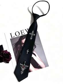 1pc Unisex Cross Metal Gothic Style Original Zipper Tie, Suitable For Festivals, Parties, Gifts, Music Festivals, Gifting - Black - View 4
