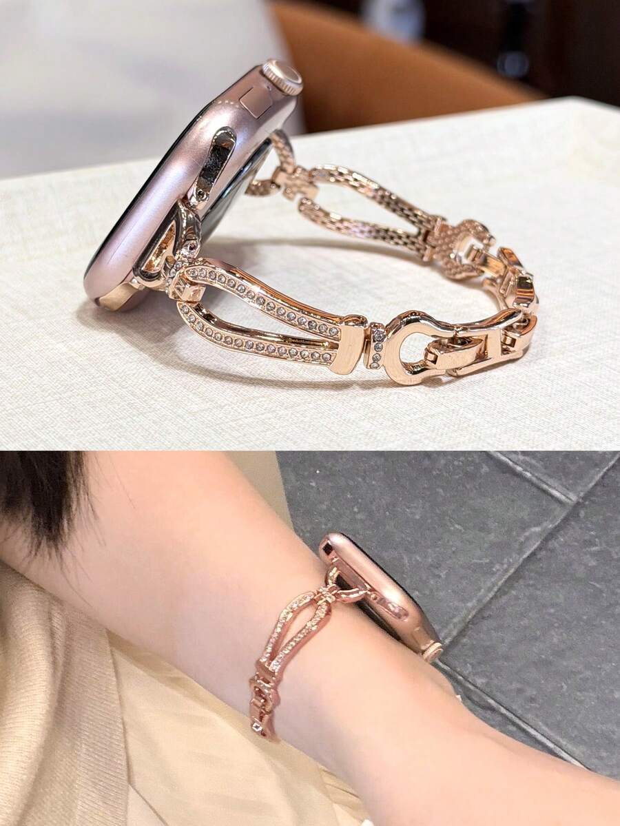 1pc Women's Rose Gold Elegant Rhinestone U-Shaped Bracelet Watch Band, Suitable For Redmi Watch 3 Active/ Watch 4/ Watch 5Active/5Lite/Watch 6Active/6lite/6 - Rose Gold [Little D] - View 1
