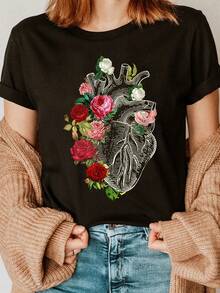 Soft Cotton Summer T-Shirt - Women's Summer Clothes - Heart And Anatomy Floral Print T-Shirt - Designed By A Heart Care Specialist, With Rose Patterns - 黑色 - 查看 1