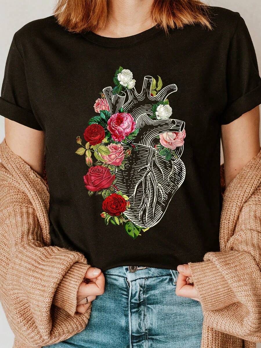 Soft Cotton Summer T-Shirt - Women's Summer Clothes - Heart And Anatomy Floral Print T-Shirt - Designed By A Heart Care Specialist, With Rose Patterns - 黑色 - 查看 1