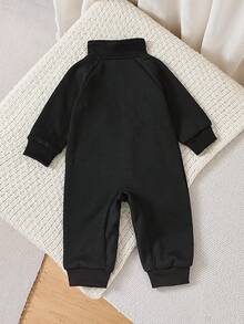 Infant Boys Neutral Zipper Stand Collar One-Piece Romper, Letter A Embroidered Long Sleeve Sweatshirt Jumpsuit, Casual Baby All-In-One Autumn Spring Outfit - Black - View 3