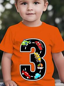 Fashionable Short-Sleeved T-Shirt For Children In Summer With Cartoon Prints Of The Number 3, Cars, Helicopters, Boats, Etc. Casual Outdoor Top NY-DX9726 - 灰色 - 查看 10