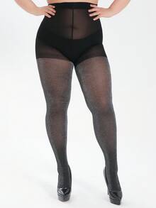 MOIRÉALLURE 1-Pair Women's Plus Size Stockings, Black Silver Reflective 60D Thin Translucent Tights, High Elasticity Base Stockings - Black - View 3