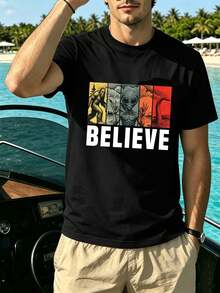 Alien Believe Graphic Men's T-Shirt, Spring, Crew Neck, Loose Fit, Casual, Comfortable, Graphic Design - Black - View 2