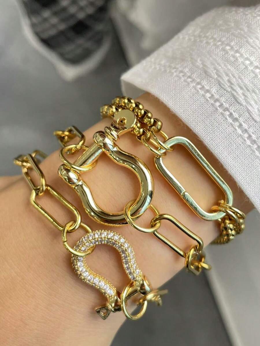 3pcs/2pcs/1pc Elegant Luxurious Horseshoe-Shaped Oval Buckle Women's Bracelet, High-End Vintage Style, Perfect Holiday Gift - Gold - View 1