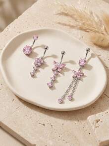 Pink Belly Rings Belly Button Ring Dangling Navel Belly Piercing Jewelry Pink CZ Butterfly Flower Navel Belly Rings Dangling Belly Button Piercing - Silver Pink - View 3