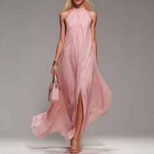 Vestido de mujer de moda superventas en color rosa, diseño halter que deja los hombros al descubierto, falda larga elegante y fluida con abertura alta, perfecto para viajes y vacaciones. - Rosa - Ver 5
