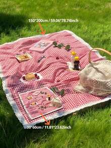 1pc Charming Red & White Plaid Rectangular Picnic Blanket - Wedding Season, Holiday Season Woven Viscose Tablecloth With Lace Trim, Suitable For Winter Camping, Beach Outings And Photography Background, Picnic Accessory (Not Waterproof) - Red Plaid - View 3