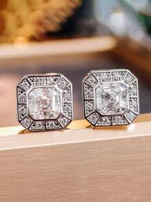 1 Pair Elegant Square Cubic Zirconia Stud Earrings, Designed For Women, Suitable For Weddings, Engagements, Anniversary Parties, Valentine's Day Gifts - 1# - View 9