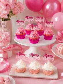 12pcs Birthday Cake Decorations, Double Layer Glitter Birthday Cake Toppers Suitable For Baby Shower, Boy Girl Birthday Party, Pink Glitter Birthday Supplies, Birthday Party Dessert Decoration, Outdoor Lawn Birthday Party - Multicolor - View 4
