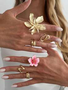 6pcs/Set Bohemian Ocean Style Asymmetrical Flower Oil Drop Rings Set, Women's Jewelry Accessories - Gold - View 2