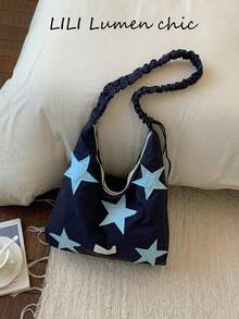 Colorblock Five-Pointed Star Fabric Pleated Shoulder Bag, Breathable Wrinkled Fabric Lightweight And Easy To Fold, Extra Large Capacity To Hold All Study And Travel Essentials, Steady Navy Blue Paired With Soft Light Blue Stars, Suitable For Casual And Academic Style Outfits All Year Round - Navy Blue - View 1